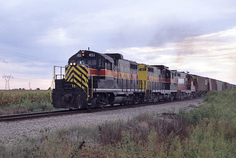 #451 with an eastbound manifest at Probstei, Iowa September 5th, 1991.
