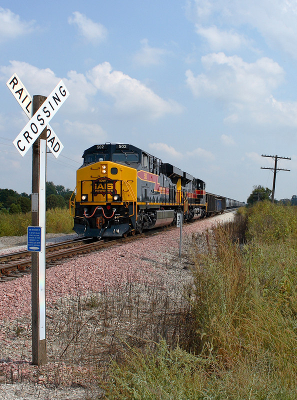 #502 & #510 team up to pull a cut out of the siding at Twin States, seen here approaching the west siding switch. After grabbing the cars you see on the left, these two brutes will grab the rest of their RIIC train back at Durant and motor on towards a meet with the East train at North Star. September 21st, 2008.