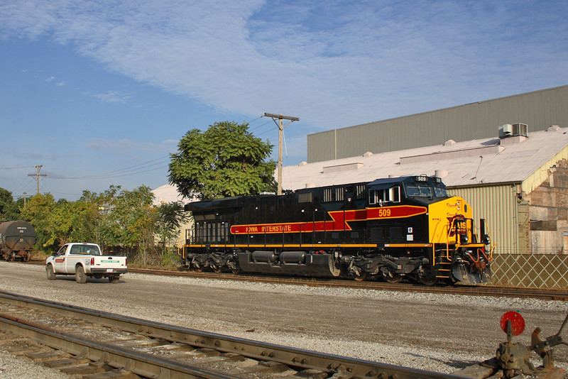 After leading an inbound ICRI train into Rock Island, Illinois, the #509 is seen here shuffling back to the west end of RI Yard on the BN main. The #507 that DPU'd on this train will double up with #509 for the return train to Iowa City. 10/12/08