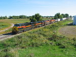 A combined IAIS westbound and KCS detour approach the Wilton overpass, Sept. 15, 2011.