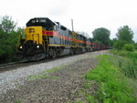 West train is stopped at the 212.5 crossing (Wendling's Quarry, west of Moscow) to pick up a car off the spur track there.  June 9, 2008.