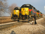 Westbound power is ready to back onto their train, Jan. 16, 2006.