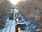 RI turn meets the Iowa City switcher at the Summit St. crossover,  Feb. 18, 2006.