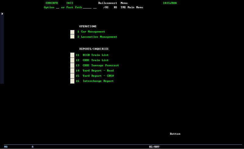 The main menu of the system.  As with everything I've attempted to recreate with this system, this is based on prototype IAIS menus.  I tried to get as close to the look of an IBM terminal emulator as I could within the confines of Access.