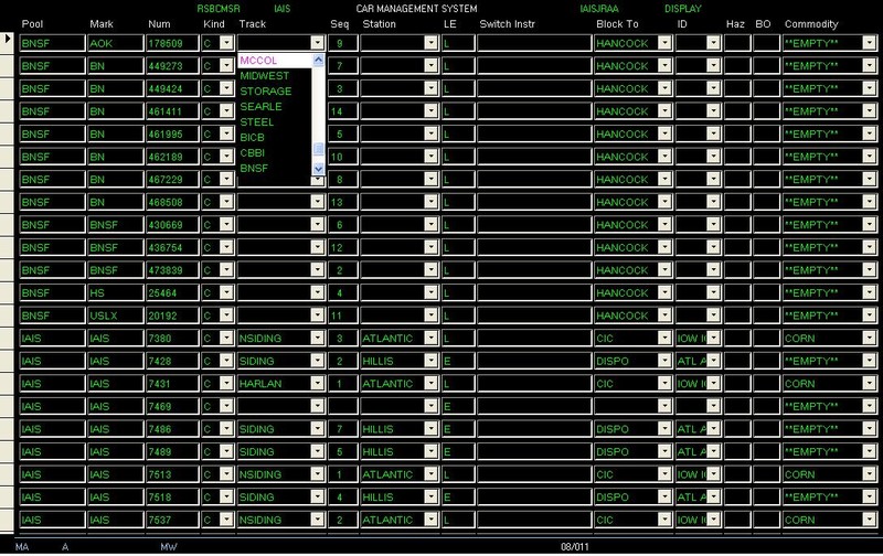 The Car Management screen, reached by clicking on the first menu button.  This originally started off as a simple means of generating yard reports, showing the location of all cars spotted on the layout.  However, I soon realized that the Track and Seq fields could serve double duty.  They were originally intended to specify the track to which a car was spotted and its sequence relative to other cars on that track (1 being the east-most car, 2 being the car west of that, etc.).  However, adding train and interchanging railroad identifiers to the list of valid track values also allowed me to generate train lists and interchange reports using the same data.  Now I can update all my car information in one place and then generate all reports my crews need for an operating session.