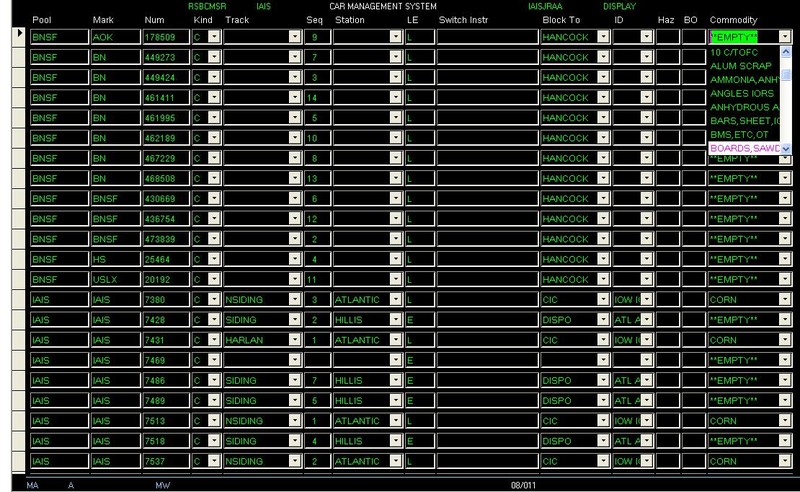 Another view of the Car Management screen showing a few of the values I programmed into the Commodity field.  Since I have a complete record of car movements from my prototype during my era, I used that commodity information to populate this drop-down.