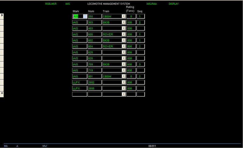 Locomotive Management screen, reached by clicking on the second menu button. This allows me to assign locomotives to a particular train in the order in which they'll be placed in the consist.  The Trainmaster (me) refers to the tonnage ratings here, and the tonnage included in the train list and tonnage forecast reports, to determine the power that'll be necessary to move expected traffic.