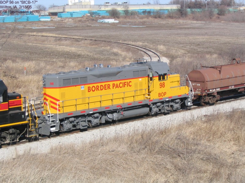 Border Pacific (BOP) 98 trails on BICB-17 on 18-Feb-2005 as it works its way west at Wilton, IA