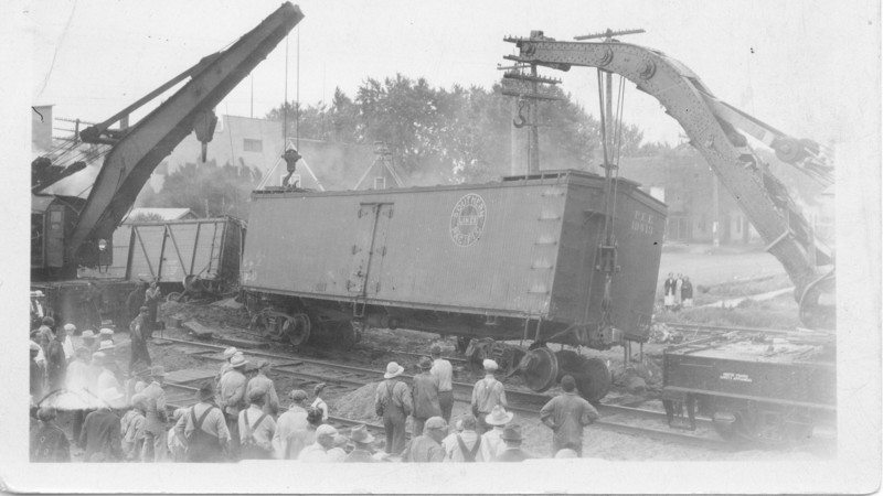 A derailment at the Main St. crossing, date unknown (probably around 1927)