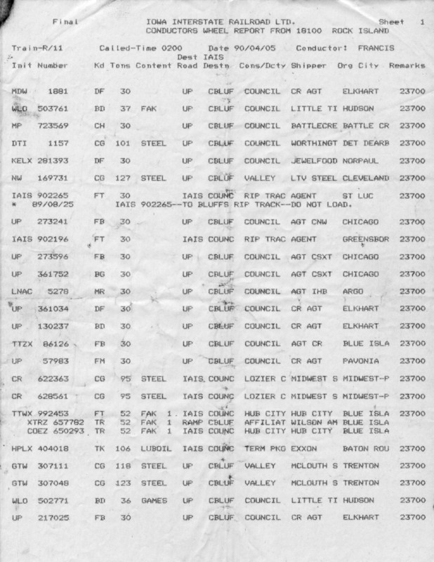 Wheel Report from West Train, 5-Apr-1990, Page 1