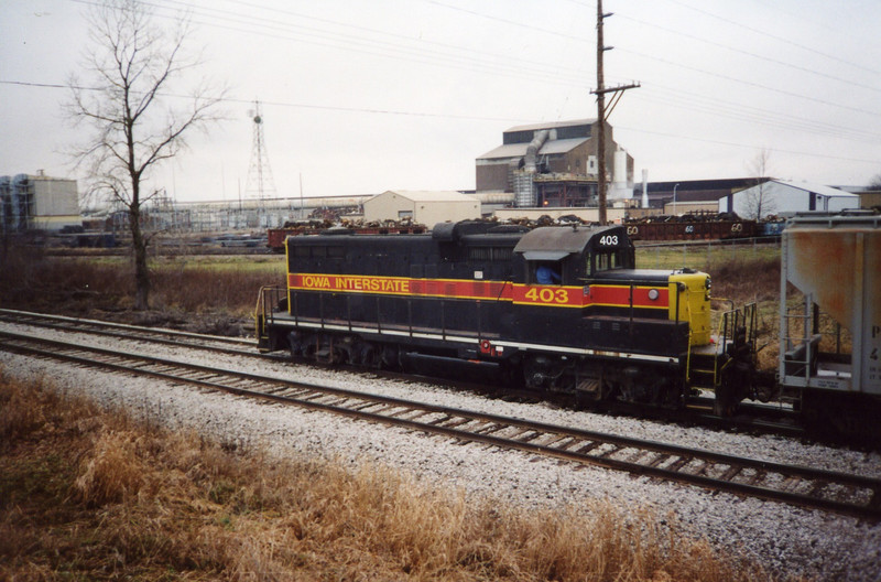 Engine 403 at the JM switch, on N. Star siding, with N. Star Steel in the background.