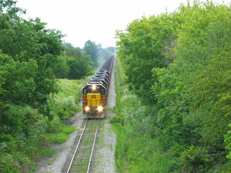 Coal train at Midway Hill, east of Iowa City, mp 230.8.  June 9, 2006.