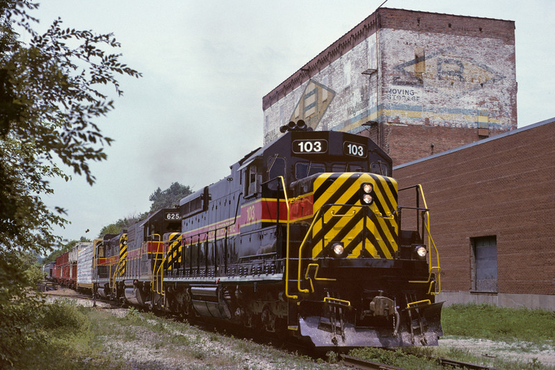 #103 shows up at Davenport, Iowa with an eastbound train for Rock Island Yard. 06/20/96.