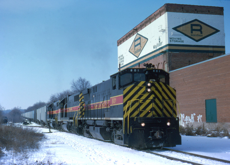 801 heads up an eastbound extra at Davenport, Iowa January 19,1998.