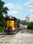 Pulling west for headroom, BUSW has to relocate a solid cut of empty sand hoppers in order to retrieve their 36 loads for Buzzi in LaSalle.