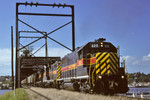 625 comes off the Arsenal Island Bridge at Rock Island, Illinois with a "CBBI" train August 1,1995.