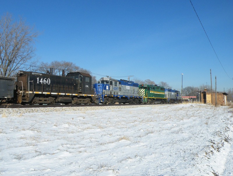 Another rainbow consist pulls up next to the abandoned Rock Island depot at 111th St to air test. 12-15-10.