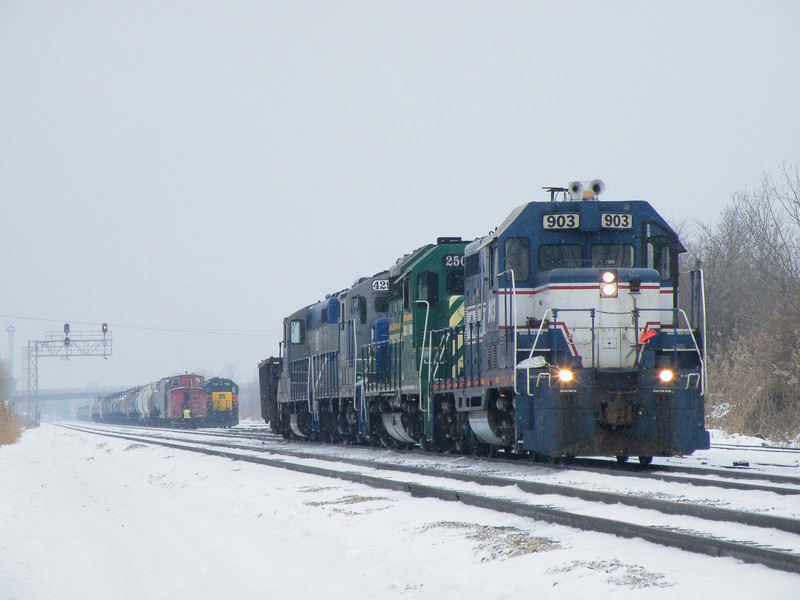 Taking headroom down the main, you can see the IAIS local power and caboose tied down for Christmas Eve. 12-24-10.