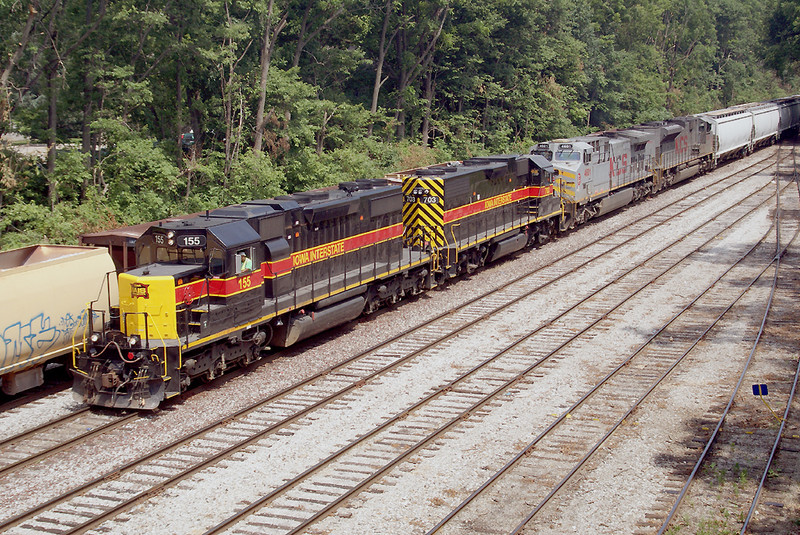 155 leads the BICB along with a KCS detour. Iowa City Yard, Dodge Street Bridge.