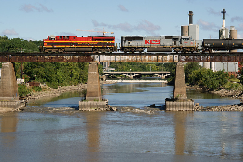 The KCS detour stops on the Iowa River Bridge.