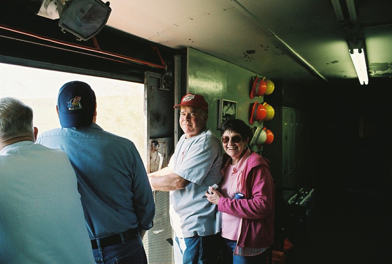 Jim and Connie Brown enjoy the breeze in the baggage car, Sept. 15, 2006.