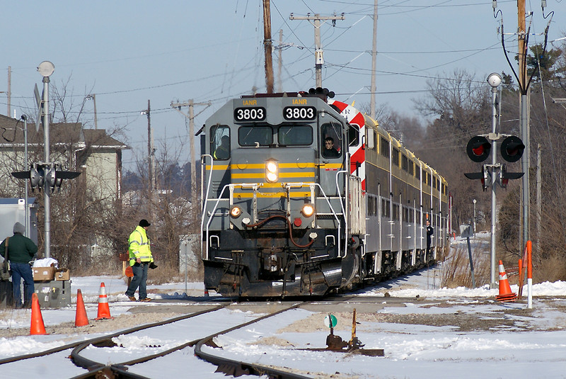 3803 pulls up to Cherry Street in North Liberty.