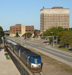 Passing John Deere Commons in Moline, Illinois as the LeClaire Hotel looms in the background.