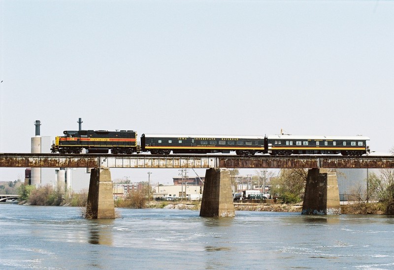 After a short stop at the Iowa City Depot, the IAIS Business Train heads west across the Iowa River. 30-April-08