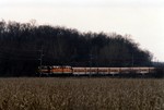 The Hawkeye Express Ski Train leaves Coralville/Iowa City for the last time in late November of 2005 with GP38 625 running long hood forward. West of Tiffin. Iowa.