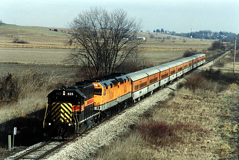 After a stop at Yocum to turn 625, the Ski Train passes under the Highway 6 bridge west of Ladora, Iowa.