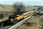 After a stop at Yocum to turn 625, the Ski Train passes under the Highway 6 bridge west of Ladora, Iowa.