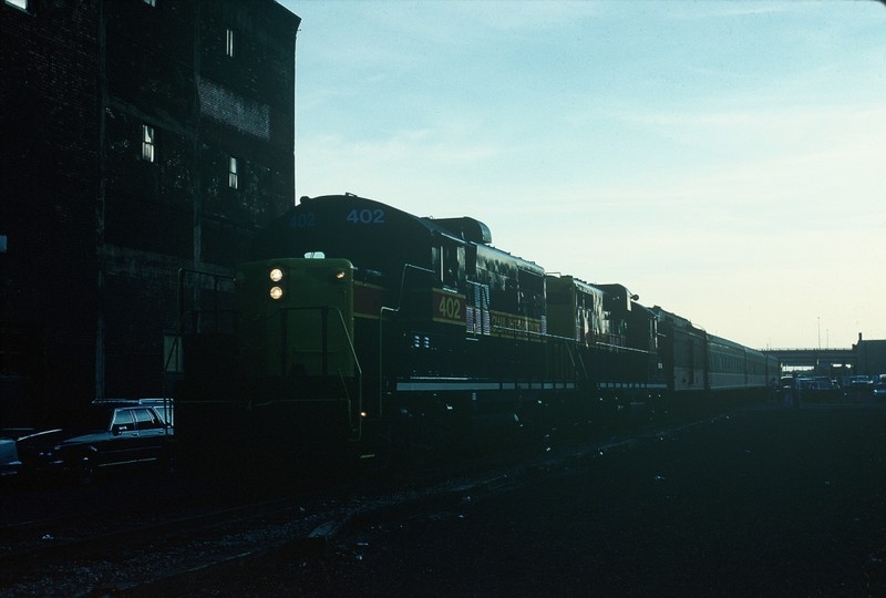 Late in the afternon, 402 waits in Des Moines to take the Iowa/Iowa State Football special back to Iowa City. Unknown date.