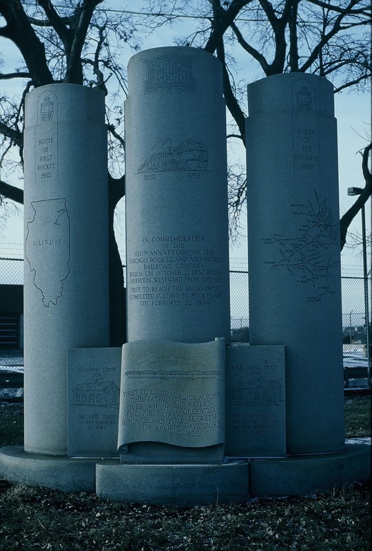 The monument to the history of the Rock Island at the Rock Island Depot in Rock Island. Dec-1990.