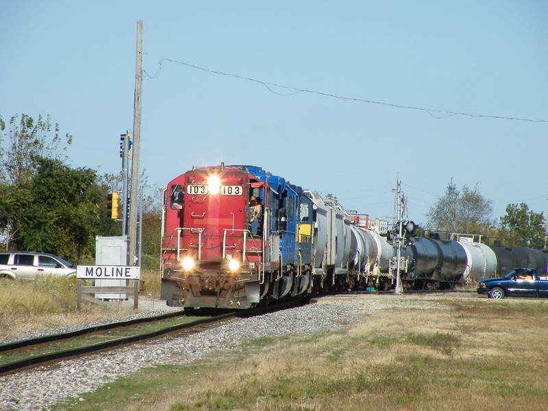 ICE 103 passes the Moline town sign on the BN Industrial Joint track with the Iowa. 09-30-10