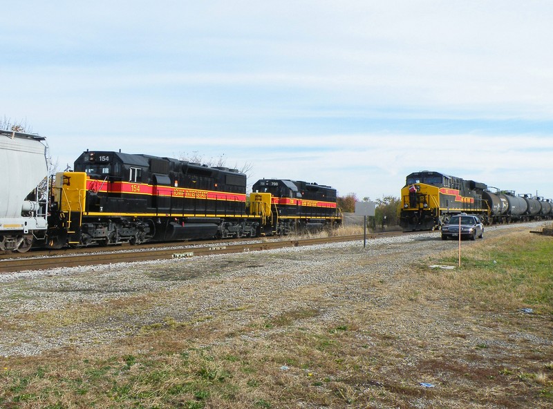 The RISW passes the BIRI as they tie the train down in Moline siding. 10-25-10