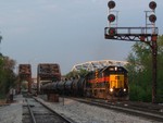 Just as the sun hits the tree line, BIRI blasts off with another pair of GP38-2's and a solid ethanol trainset from the CRL/NS, 05-16-08