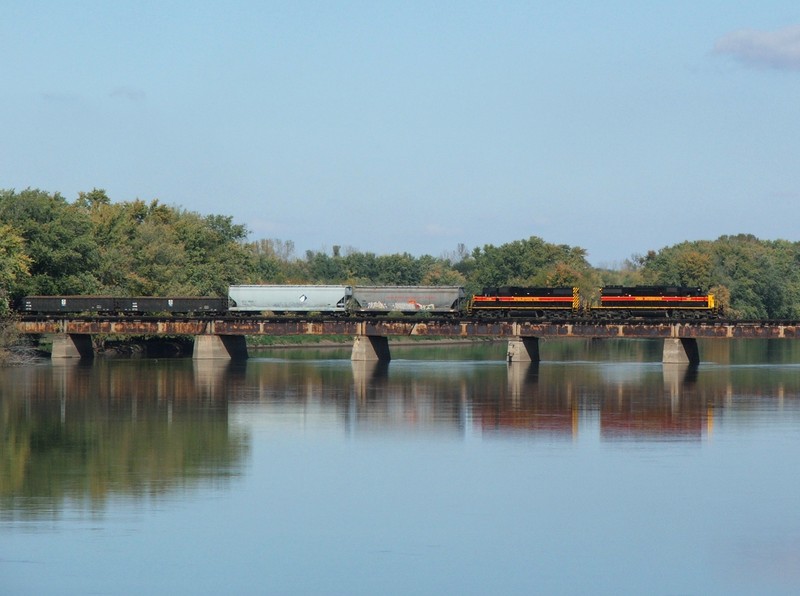 BUSW Iowa 157 heads over the Rock River as they bring the short train into Colona, IL.