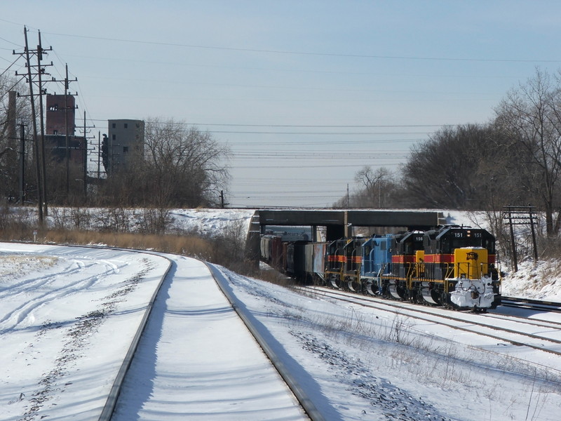 Another view as the detour move shoves back into Riverdale yard on another track.