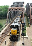 BISW pulls through the steel bridge over the Cal Sag Channel with four GP38-2's, this is the view looking west from the Western Ave. over-pass. 06-17-07