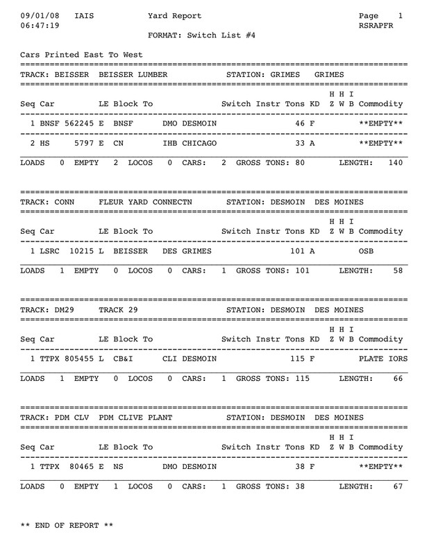 Car Forwarding uses actual IAIS forms. The yard report shows the standing of cars on each track in the Des Moines area and their current status and blocking.