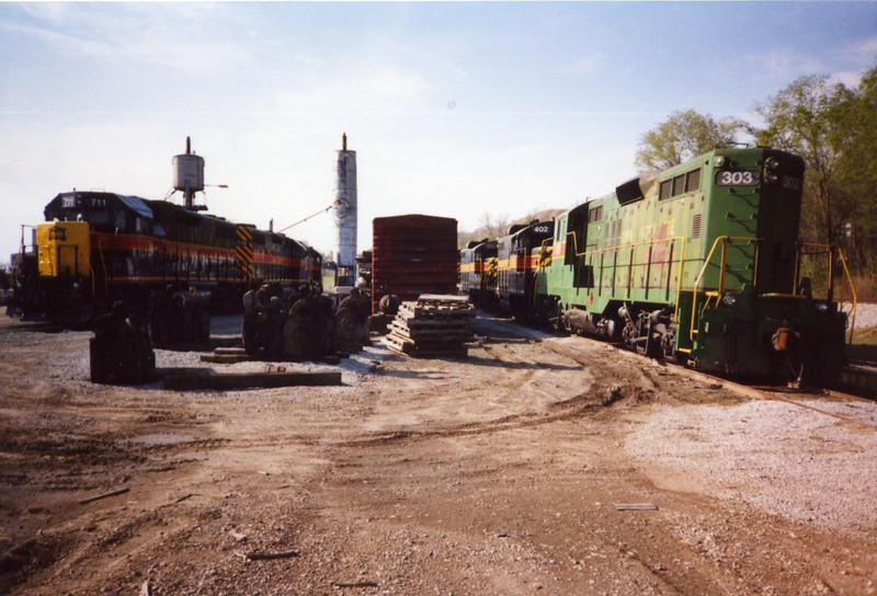 Bluffs dead line on the right, road power on the left, and spare traction motors in the foreground.  April '05