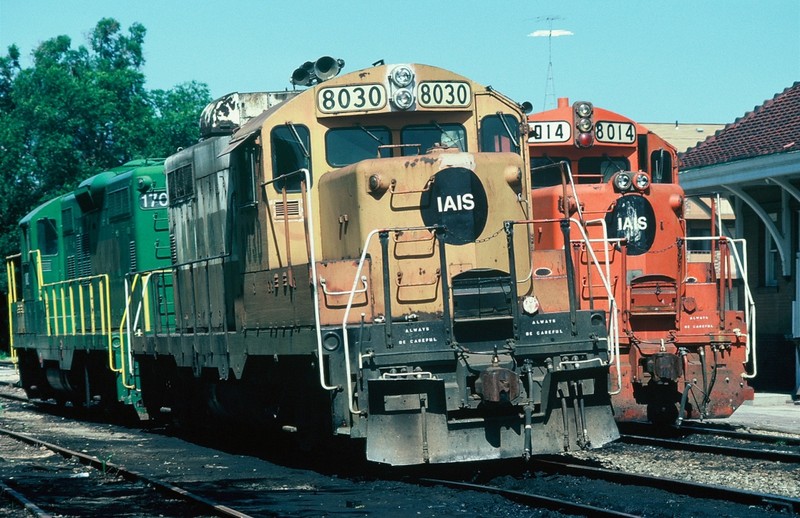 8030, 8014, and 1703 in front of the Iowa City depot on the 4th of July, 1986.