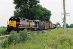 701 leads the westbound into N. Star siding.  Aug. 11, 2005